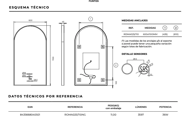 Espejo Baño Capilla LED Luz Perimetral Roma - Ledimex | 3-LED y Antivaho