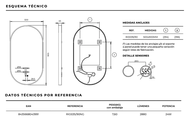 Espejo Baño Elíptico LED Luz Perimetral Rio - Ledimex | 3-LED y Antivaho