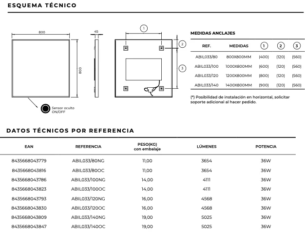 Espejo Baño Cuadrado LED Luz Perimetral Ability - Ledimex | 3-LED y Antivaho
