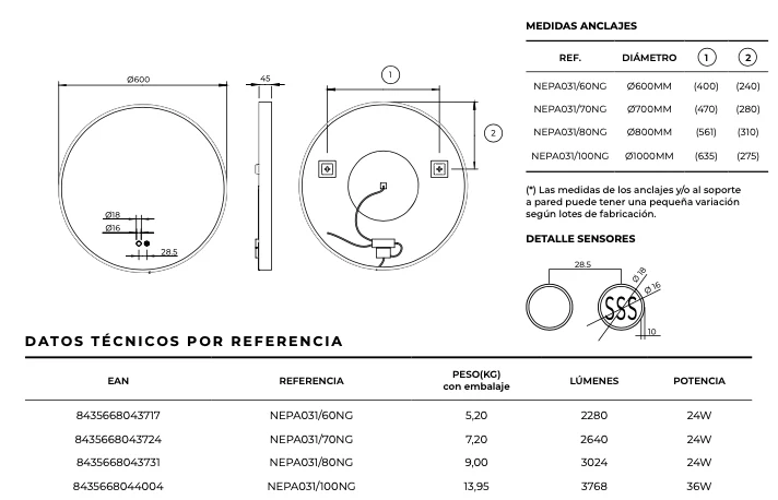 Espejo Baño Redondo LED Luz Perimetral Nepal - Ledimex | 3-LED y Antivaho