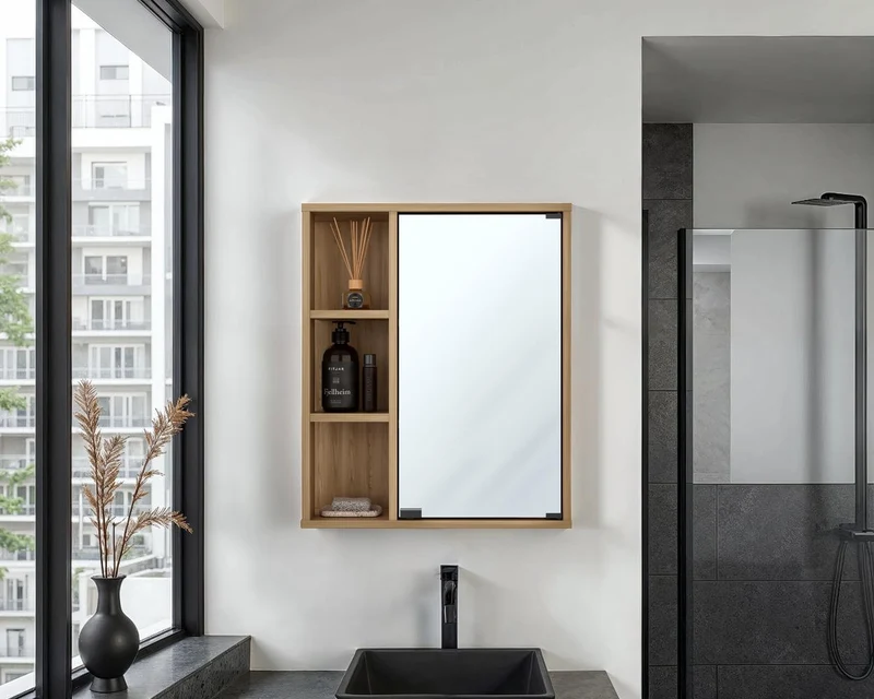 Gabinete de Baño Berkel, Fresno Europeo, con Especio para Guardar Objetos de Aseo Personal