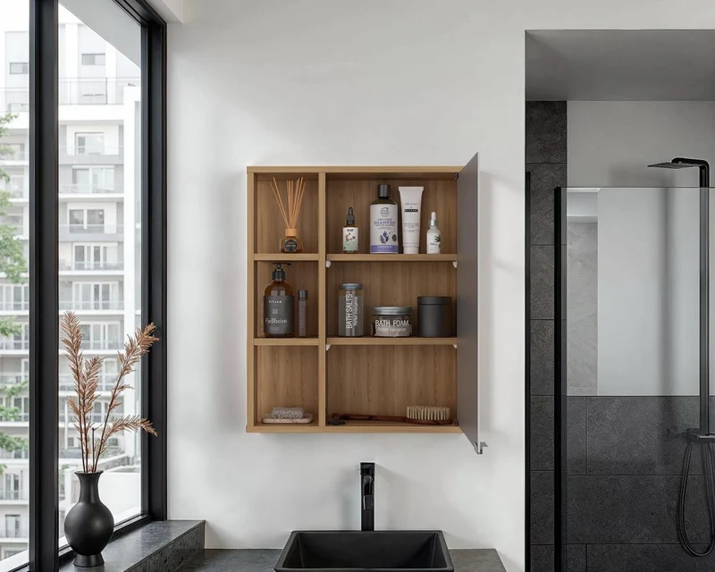 Gabinete de Baño Berkel, Fresno Europeo, con Especio para Guardar Objetos de Aseo Personal
