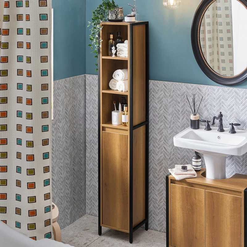 SoBuy BZR62-PF Armario alto de Baño 3 compartimentos abiertos y 1 puerta diseño vintage