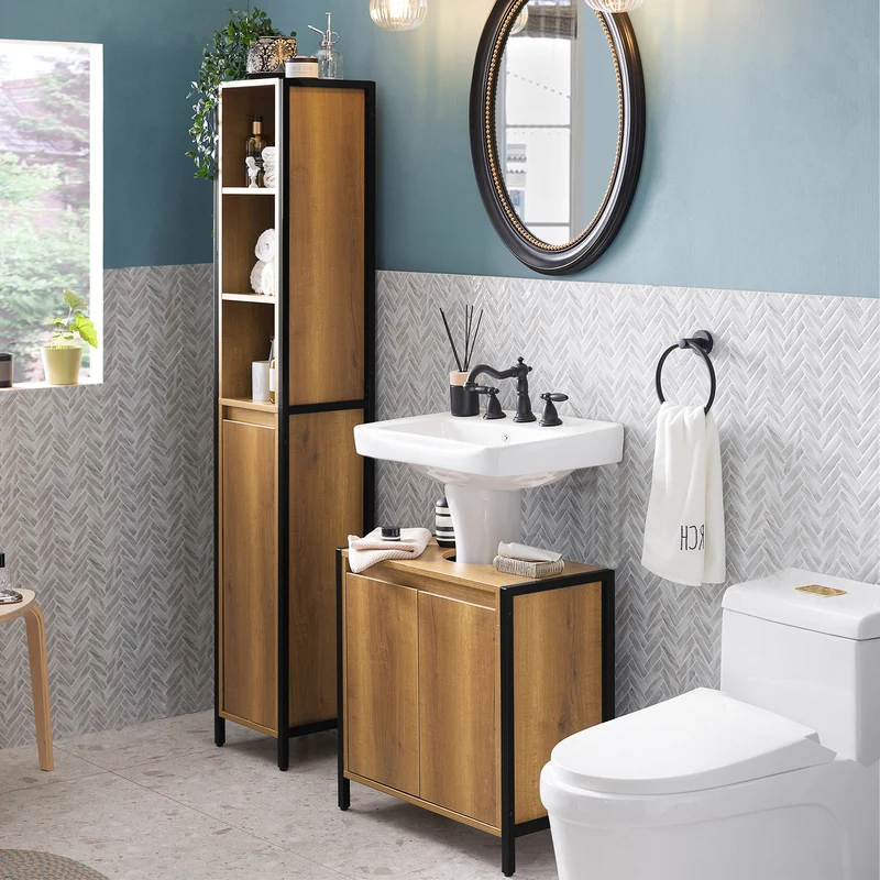 SoBuy BZR62-PF Armario alto de Baño 3 compartimentos abiertos y 1 puerta diseño vintage