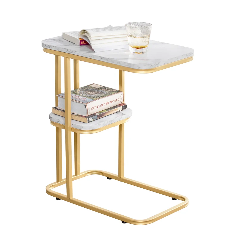 SoBuy FBT110-G Mesa Auxiliar de café con 2 Estantes Dorado