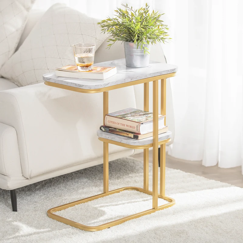 SoBuy FBT110-G Mesa Auxiliar de café con 2 Estantes Dorado