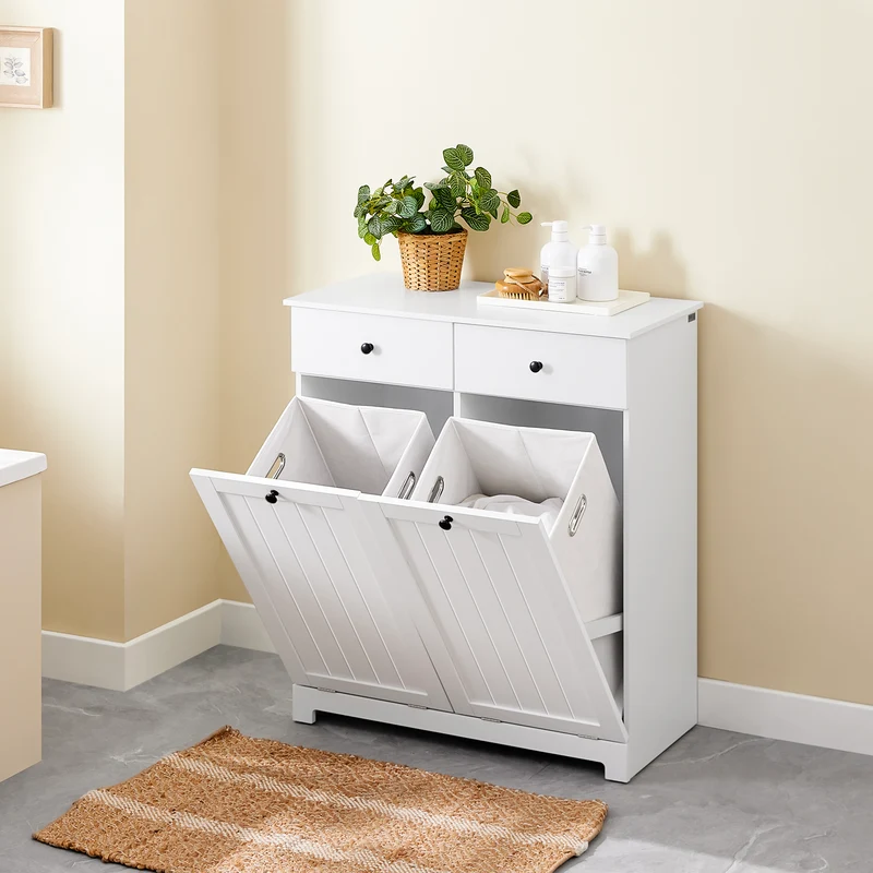 SoBuy BZR33-II-W Mueble Ropa Sucia Armario de baño con 2 Cestos para Colada y 2 cajones Blanco