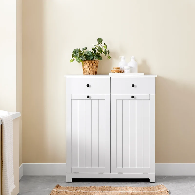 SoBuy BZR33-II-W Mueble Ropa Sucia Armario de baño con 2 Cestos para Colada y 2 cajones Blanco