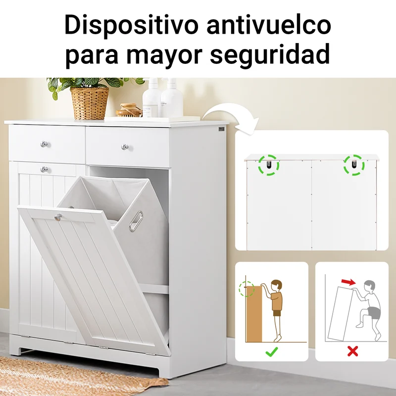 SoBuy BZR33-II-W Mueble Ropa Sucia Armario de baño con 2 Cestos para Colada y 2 cajones Blanco