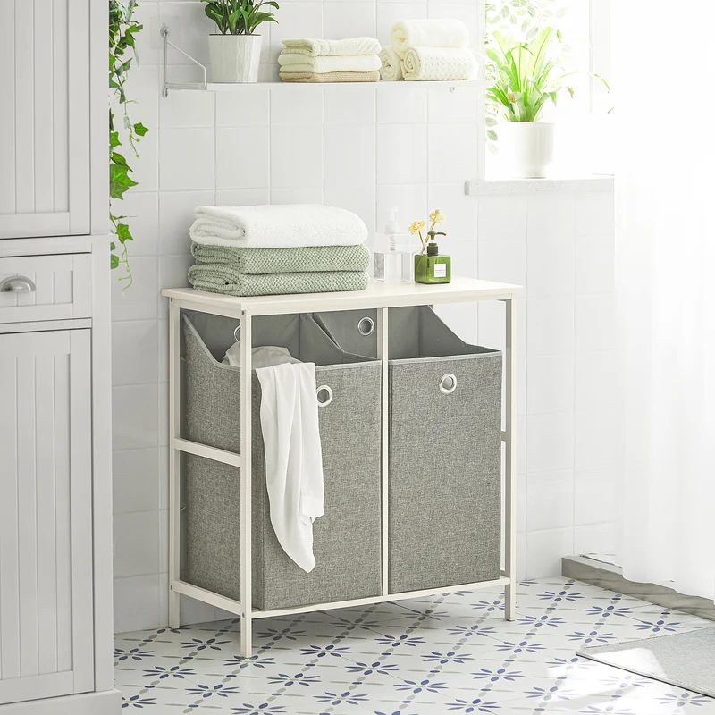 SoBuy BZR57-W Cesto para Ropa Sucia con 2 Compartimientos Gris
