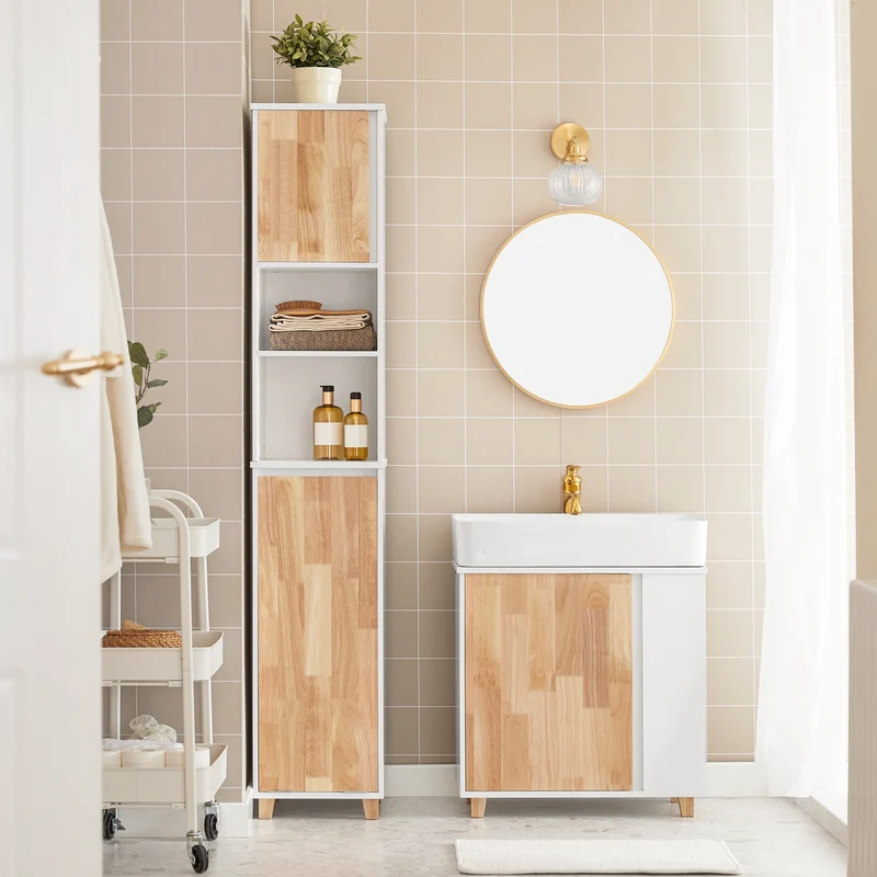 SoBuy BZR74-W Mueble Columna de Baño con 1 Cesto para Ropa Sucia Natural y Blanco