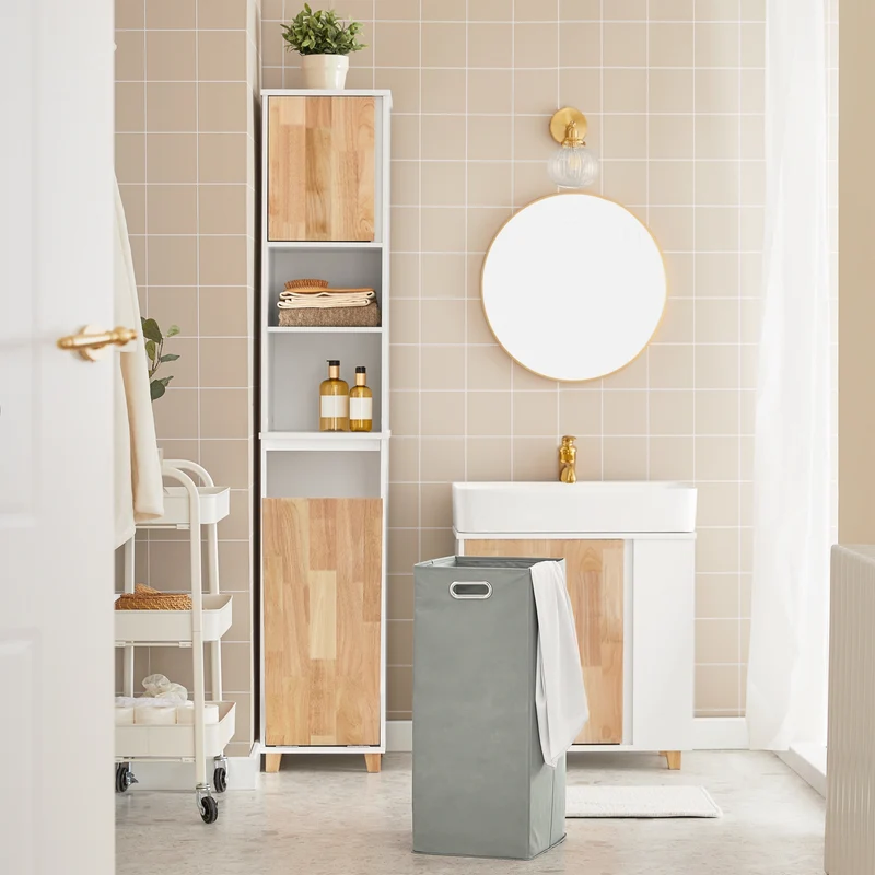 SoBuy BZR74-W Mueble Columna de Baño con 1 Cesto para Ropa Sucia Natural y Blanco