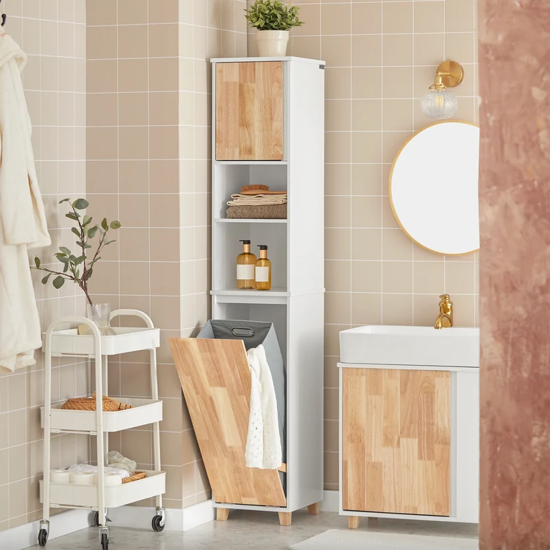 SoBuy BZR74-W Mueble Columna de Baño con 1 Cesto para Ropa Sucia Natural y Blanco