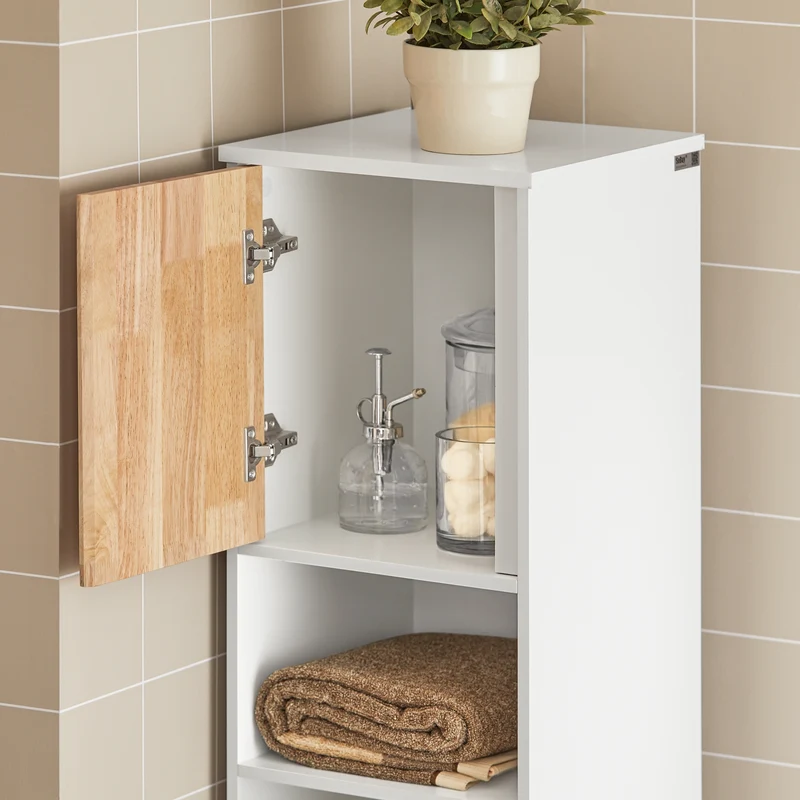 SoBuy BZR74-W Mueble Columna de Baño con 1 Cesto para Ropa Sucia Natural y Blanco