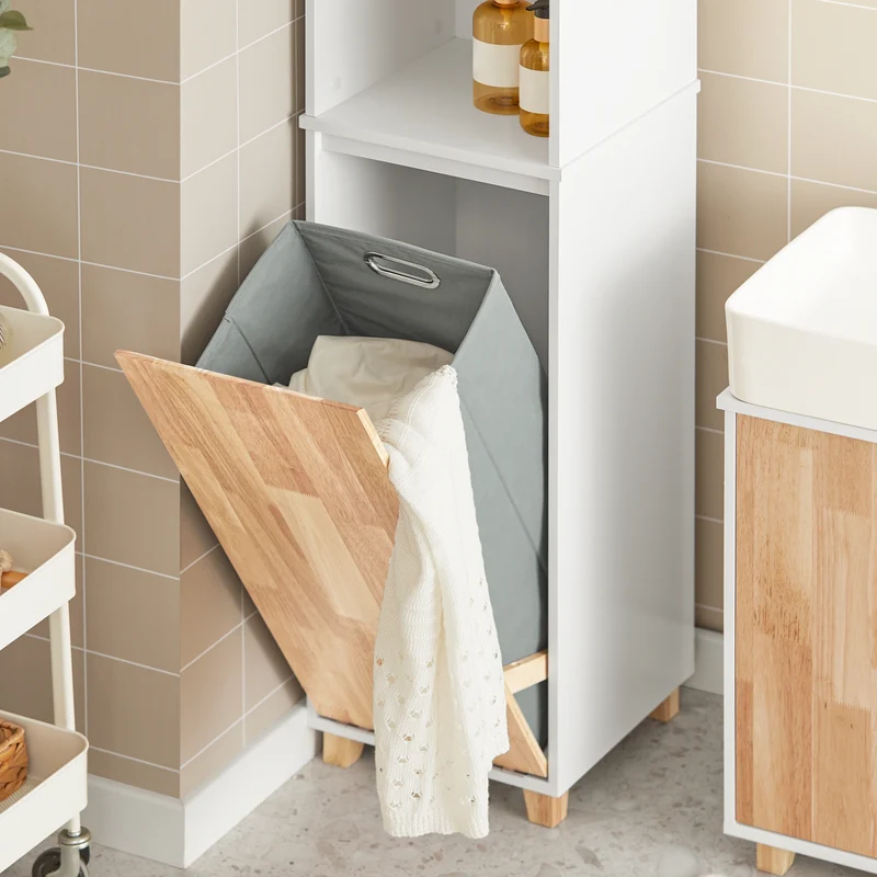 SoBuy BZR74-W Mueble Columna de Baño con 1 Cesto para Ropa Sucia Natural y Blanco