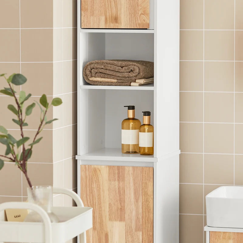 SoBuy BZR74-W Mueble Columna de Baño con 1 Cesto para Ropa Sucia Natural y Blanco