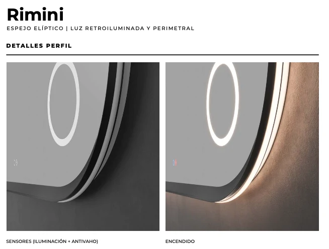 Espejo Baño Elíptico LED Retroiluminado Rimini - Ledimex | Luz Perimetral y Antivaho