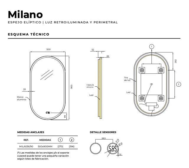 Espejo Baño Elíptico LED Retroiluminado Milano - Ledimex | Luz Perimetral y Antivaho