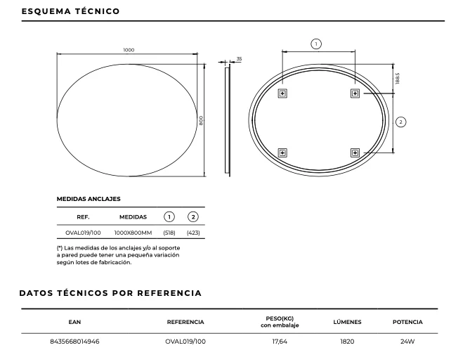 Espejo Baño Oval LED Retroiluminado - Ledimex | Luz Fría 6.500K Sin Marco