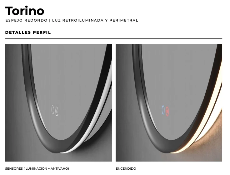Espejo Baño Redondo LED Retroiluminado Torino - Ledimex | Luz Perimetral y Antivaho