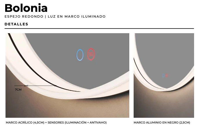 Espejo Baño Redondo LED Marco Iluminado Bolonia - Ledimex | Luz Fría y Antivaho