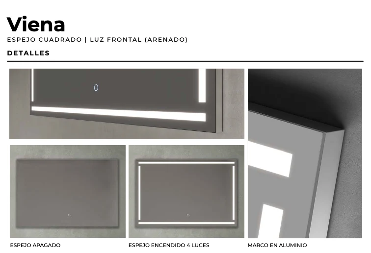 Espejo Baño Cuadrado LED Luz Frontal Arenado Viena - Ledimex | 3-LED y Antivaho