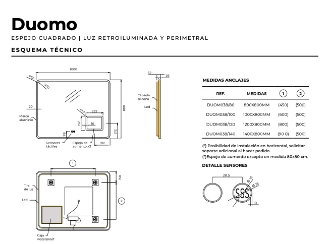 Espejo Baño Cuadrado LED Retroiluminado Duomo - Ledimex | Luz Perimetral 3-LED