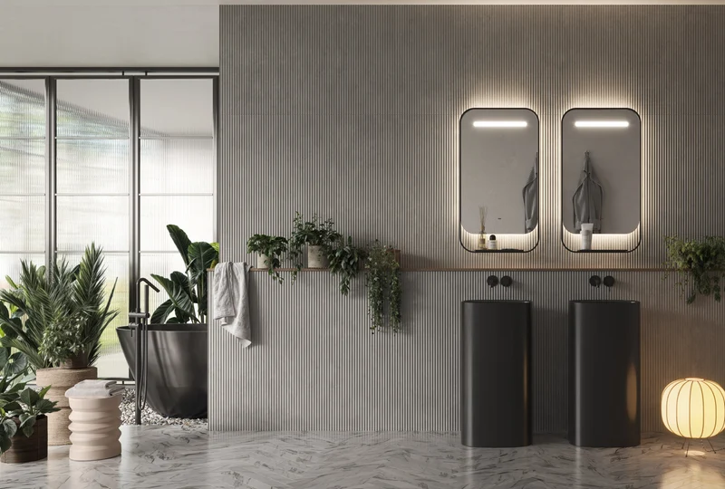 Espejo Baño Cuadrado Cantos Redondeados LED Concept - Ledimex | Estante y Cargador Wireless