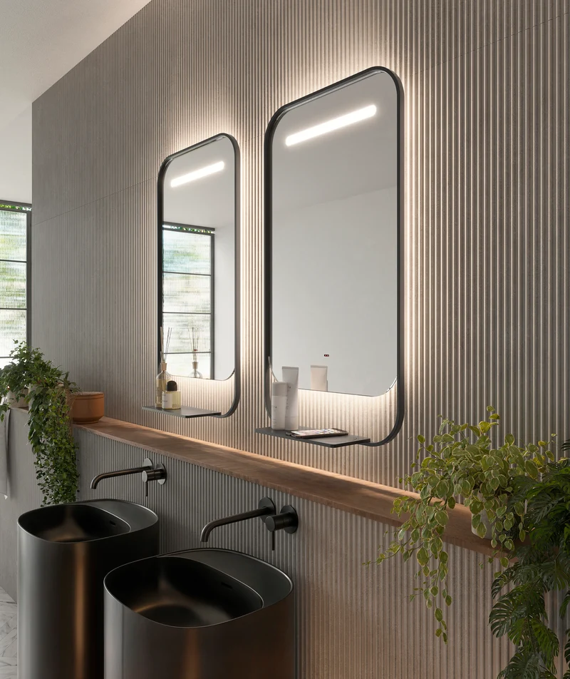 Espejo Baño Cuadrado Cantos Redondeados LED Concept - Ledimex | Estante y Cargador Wireless