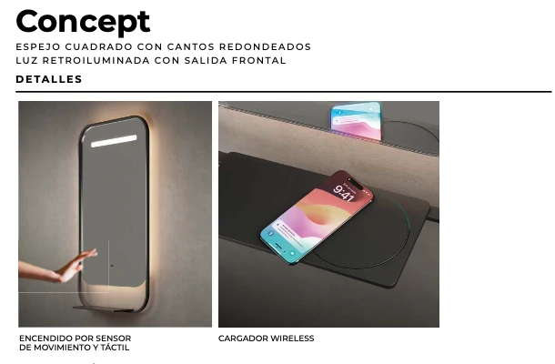 Espejo Baño Cuadrado Cantos Redondeados LED Concept - Ledimex | Estante y Cargador Wireless