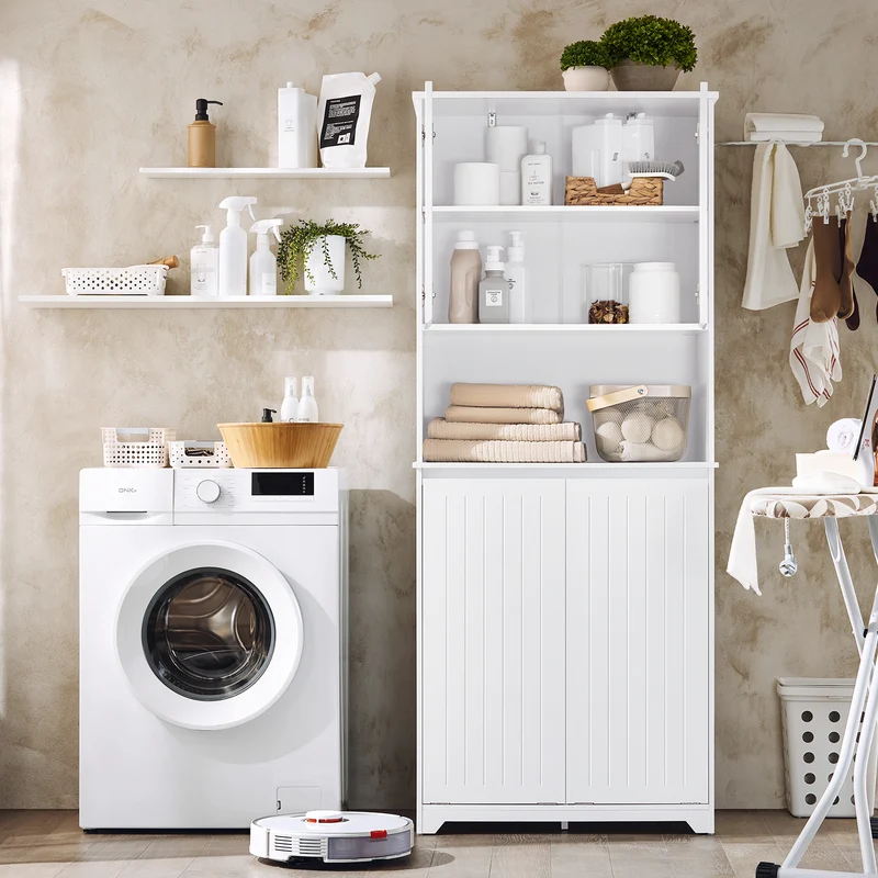 SoBuy BZR150-W Mueble Columna de Baño con 2 cesto de ropa y 1 Compartimento Blanco