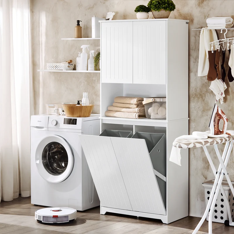 SoBuy BZR150-W Mueble Columna de Baño con 2 cesto de ropa y 1 Compartimento Blanco