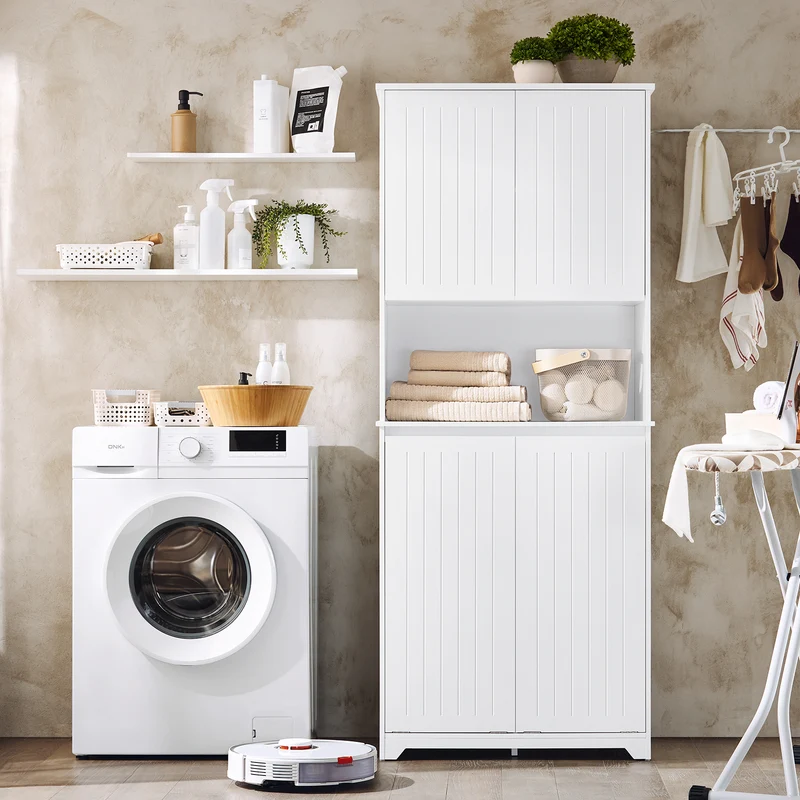 SoBuy BZR150-W Mueble Columna de Baño con 2 cesto de ropa y 1 Compartimento Blanco