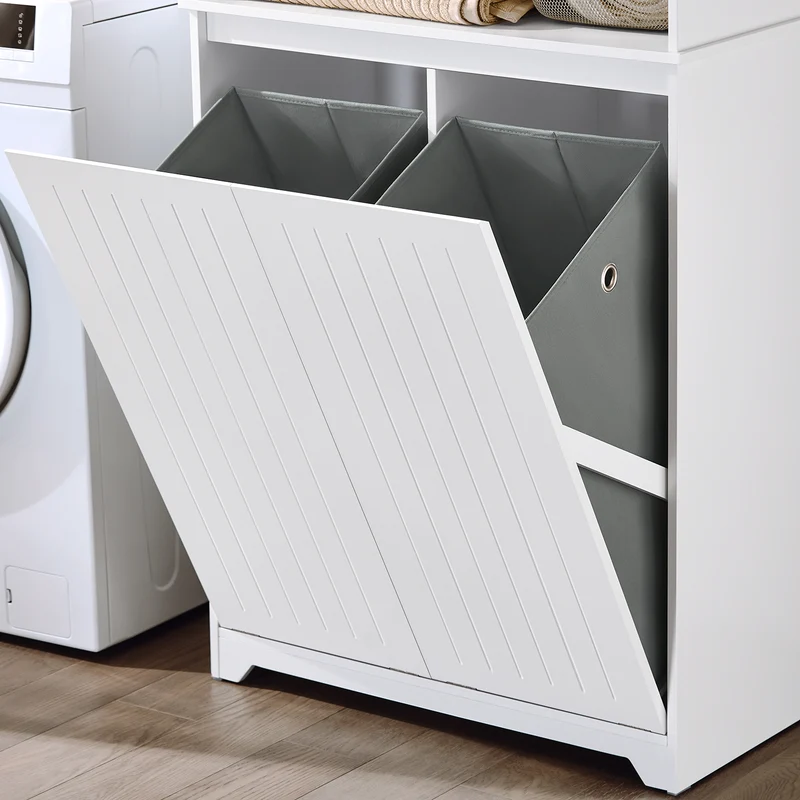 SoBuy BZR150-W Mueble Columna de Baño con 2 cesto de ropa y 1 Compartimento Blanco