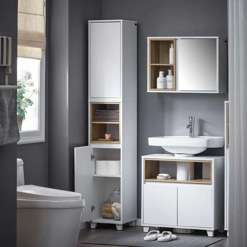 SoBuy BZR147-W Armario alto para Baño con 2 Compartimentos 2 puertas Blanco