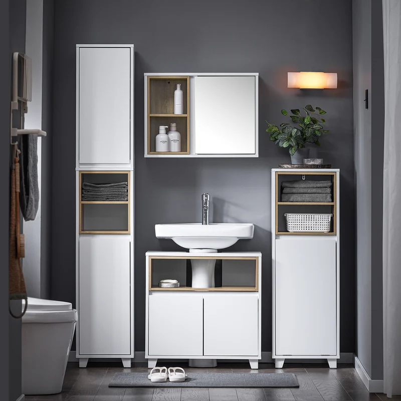 SoBuy BZR147-W Armario alto para Baño con 2 Compartimentos 2 puertas Blanco