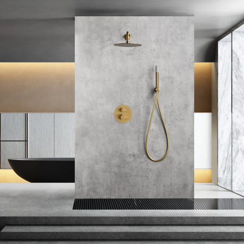 Conjunto Ducha Empotrado Termostático Monza Oro Cepillado - Imex | Control Preciso