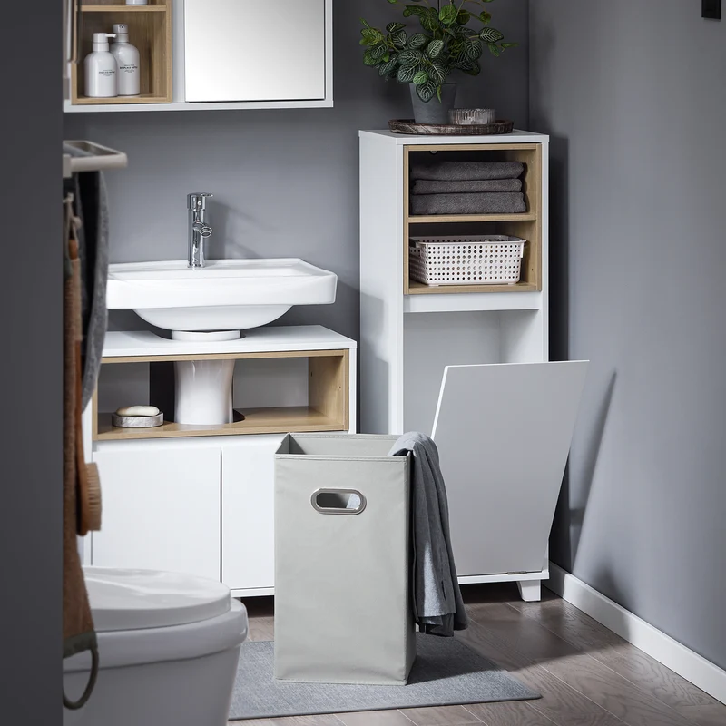 SoBuy BZR146-W Armario de Suelo para Baño con 2 estantes y 1 Cesto para Ropa Sucia Blanco