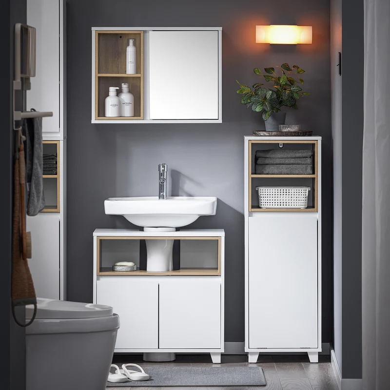 SoBuy BZR146-W Armario de Suelo para Baño con 2 estantes y 1 Cesto para Ropa Sucia Blanco