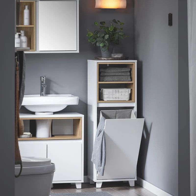SoBuy BZR146-W Armario de Suelo para Baño con 2 estantes y 1 Cesto para Ropa Sucia Blanco