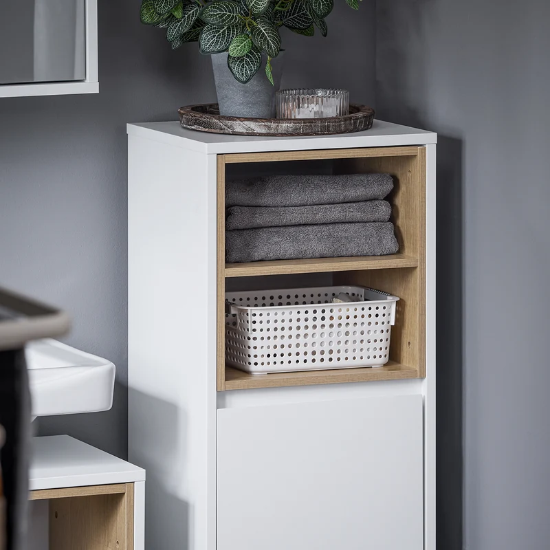 SoBuy BZR146-W Armario de Suelo para Baño con 2 estantes y 1 Cesto para Ropa Sucia Blanco