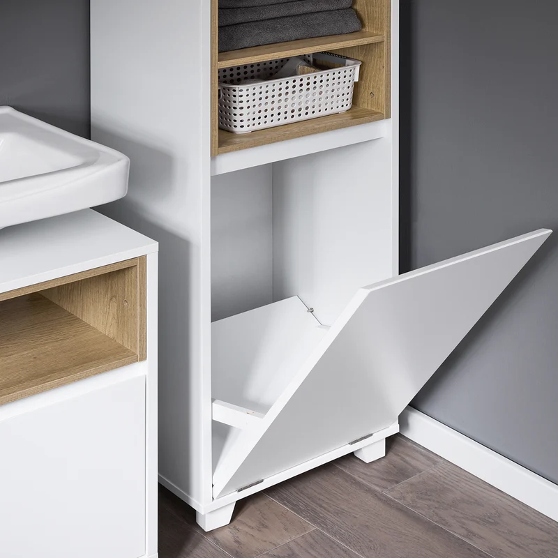 SoBuy BZR146-W Armario de Suelo para Baño con 2 estantes y 1 Cesto para Ropa Sucia Blanco