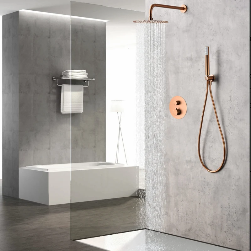 Conjunto Ducha Empotrado Termostático Monza Oro Rosa Cepillado - Imex | Control Preciso