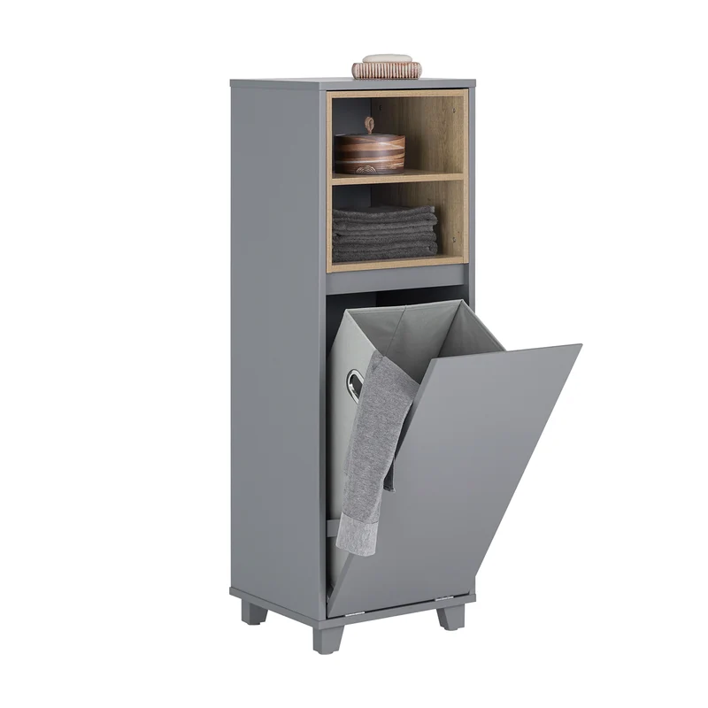 SoBuy BZR146-DG Armario de Suelo para Baño con 2estante y 1 Cesto para Ropa Sucia