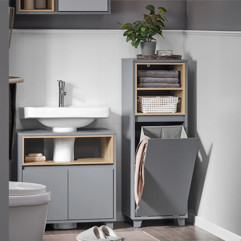 SoBuy BZR146-DG Armario de Suelo para Baño con 2estante y 1 Cesto para Ropa Sucia