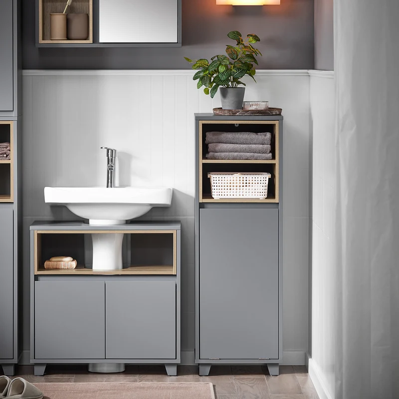 SoBuy BZR146-DG Armario de Suelo para Baño con 2estante y 1 Cesto para Ropa Sucia