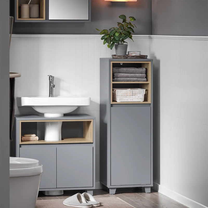 SoBuy BZR146-DG Armario de Suelo para Baño con 2estante y 1 Cesto para Ropa Sucia