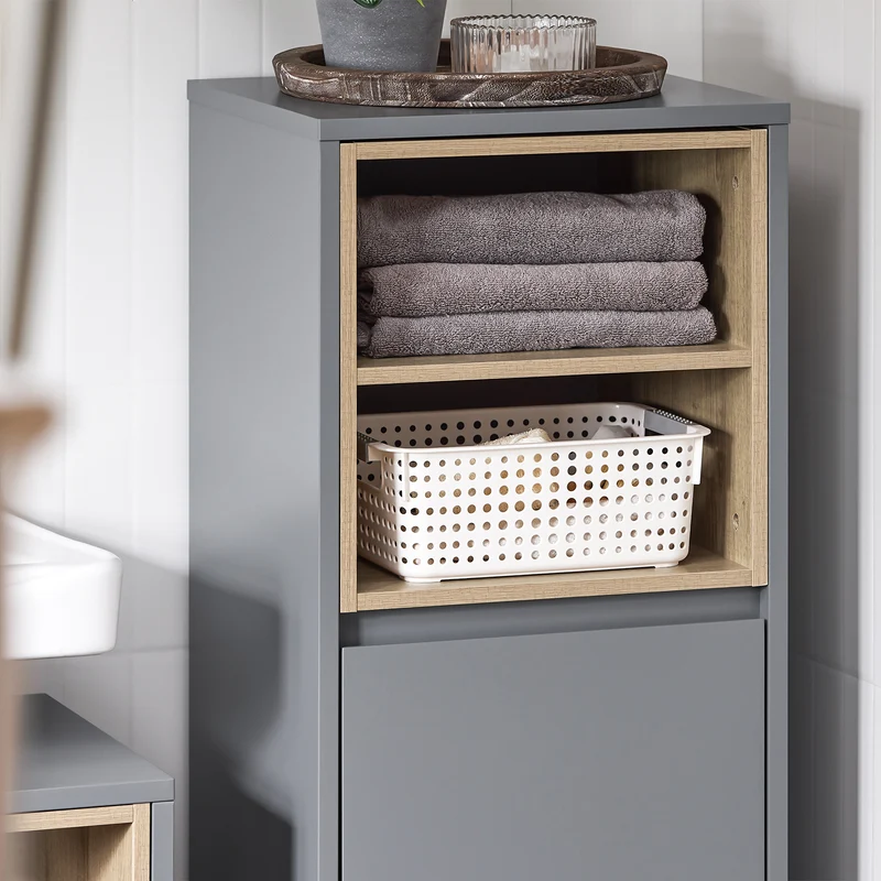 SoBuy BZR146-DG Armario de Suelo para Baño con 2estante y 1 Cesto para Ropa Sucia