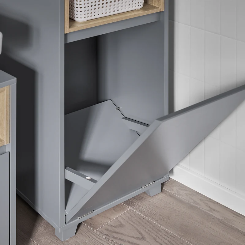 SoBuy BZR146-DG Armario de Suelo para Baño con 2estante y 1 Cesto para Ropa Sucia