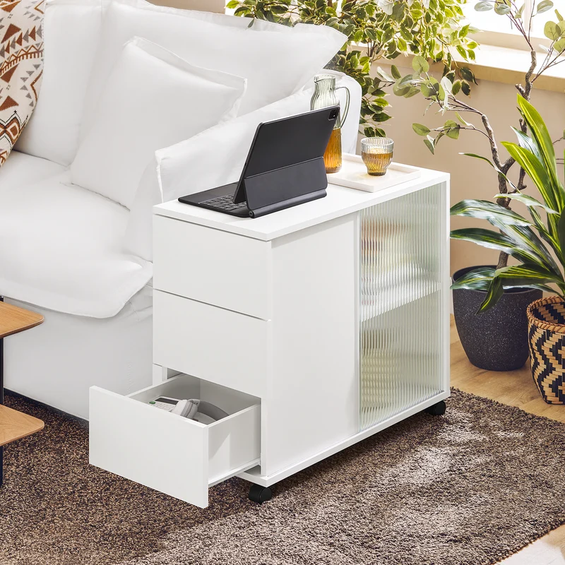 SoBuy FBT141-W Mesa Auxiliar Mesa de Centro con 2 Puertas y 3 Cajones Blanco